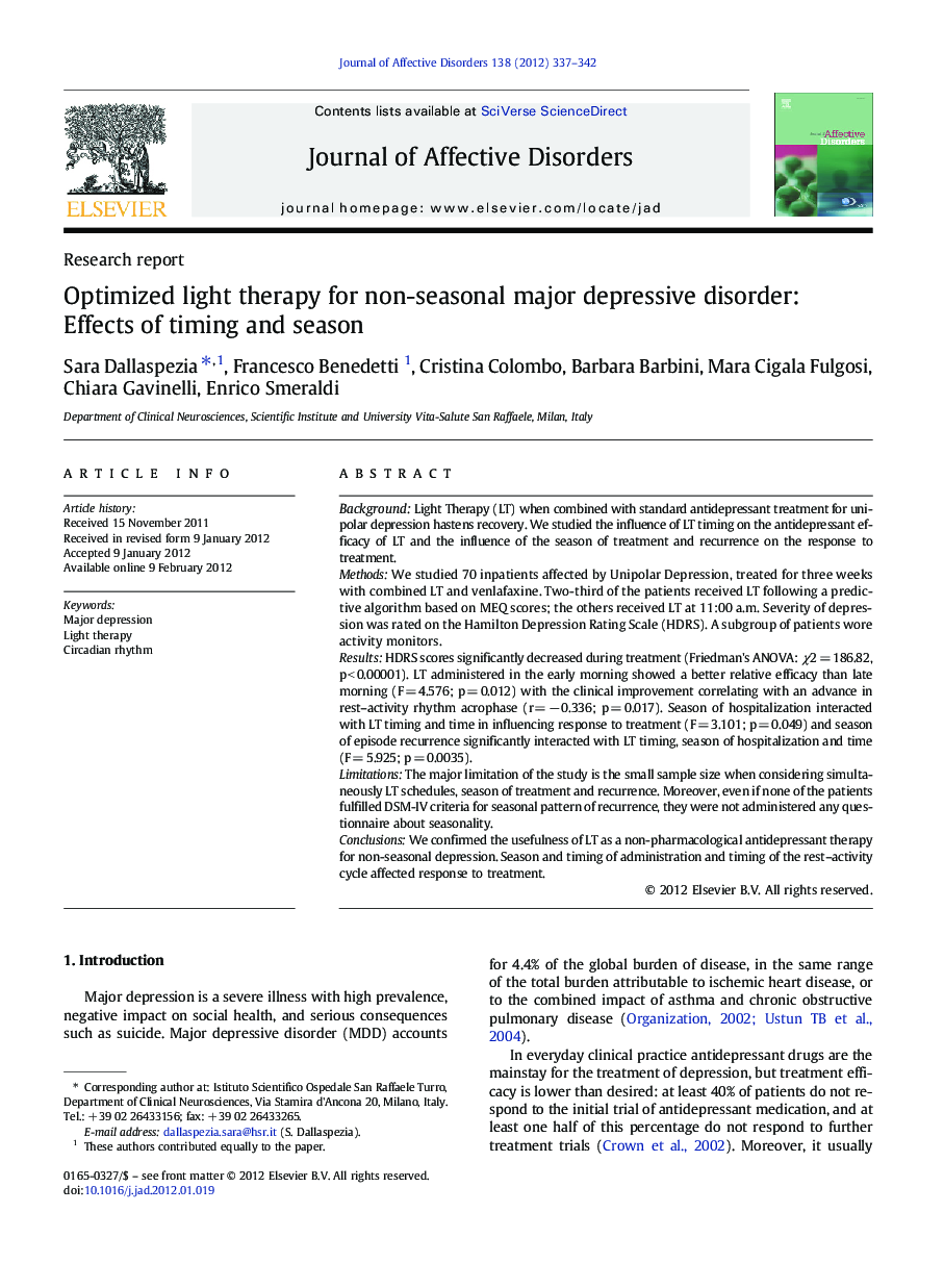 Optimized light therapy for non-seasonal major depressive disorder: Effects of timing and season