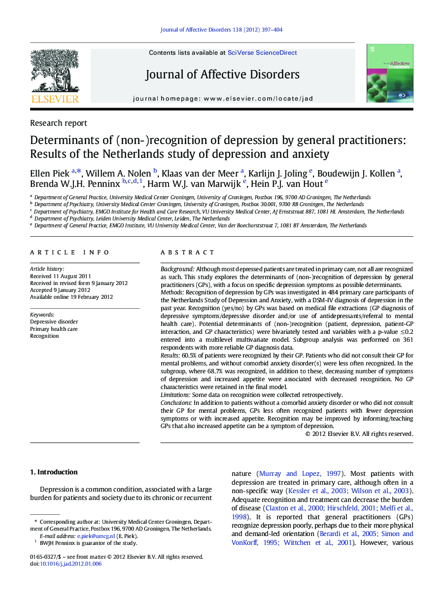 Determinants of (non-)recognition of depression by general practitioners: Results of the Netherlands study of depression and anxiety