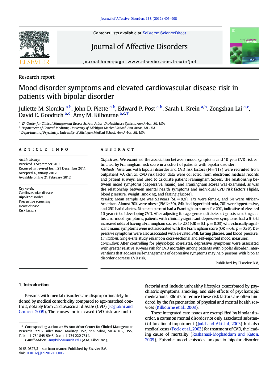 Mood disorder symptoms and elevated cardiovascular disease risk in patients with bipolar disorder