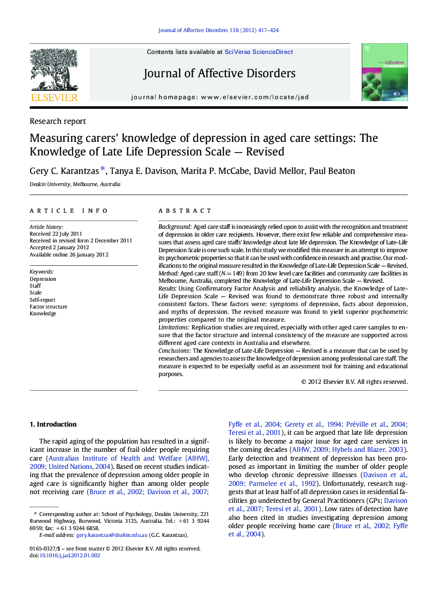 Measuring carers' knowledge of depression in aged care settings: The Knowledge of Late Life Depression Scale - Revised