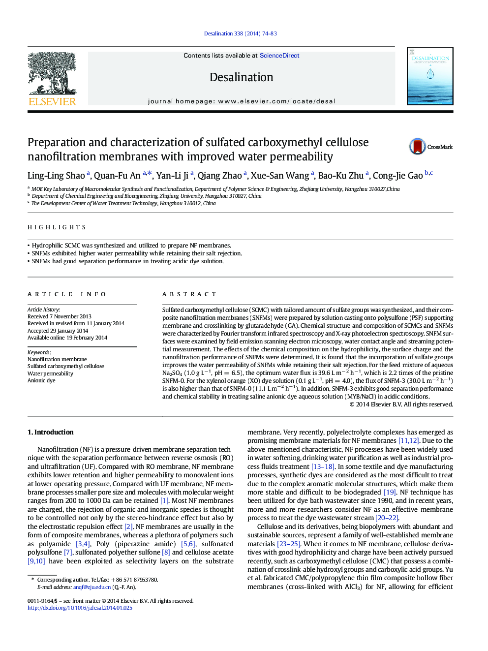 Preparation and characterization of sulfated carboxymethyl cellulose nanofiltration membranes with improved water permeability