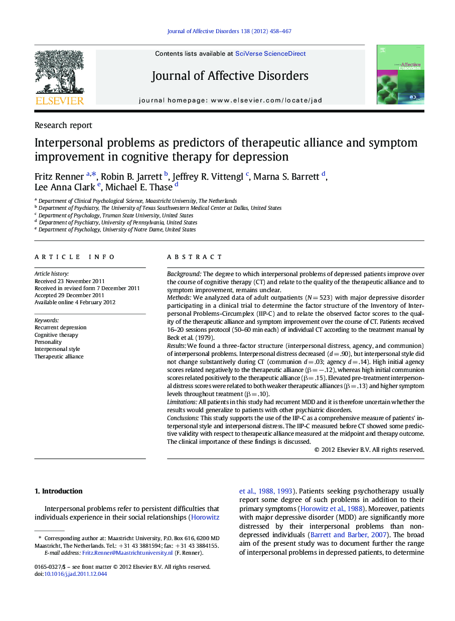 Interpersonal problems as predictors of therapeutic alliance and symptom improvement in cognitive therapy for depression