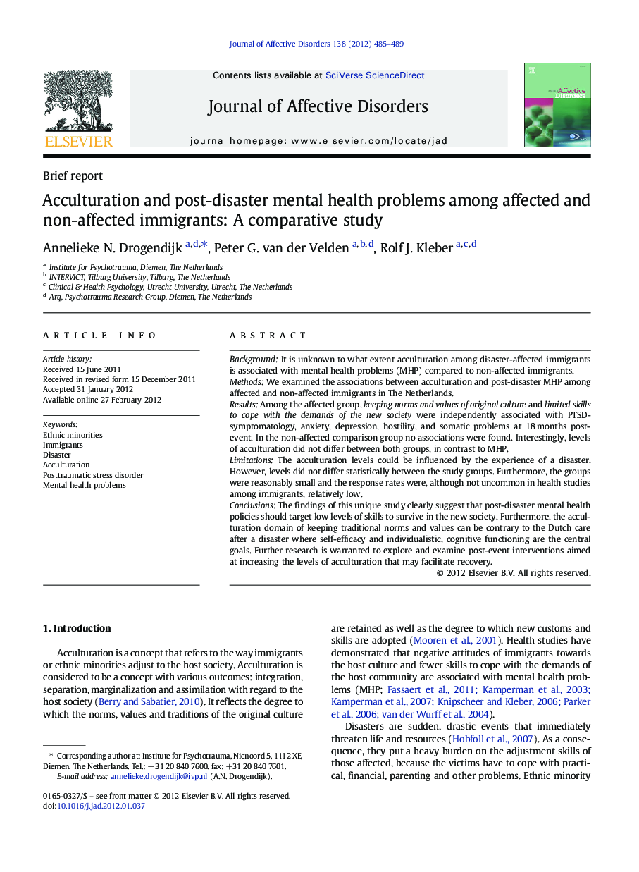 Acculturation and post-disaster mental health problems among affected and non-affected immigrants: A comparative study