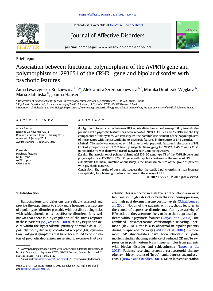 Association between functional polymorphism of the AVPR1b gene and polymorphism rs1293651 of the CRHR1 gene and bipolar disorder with psychotic features