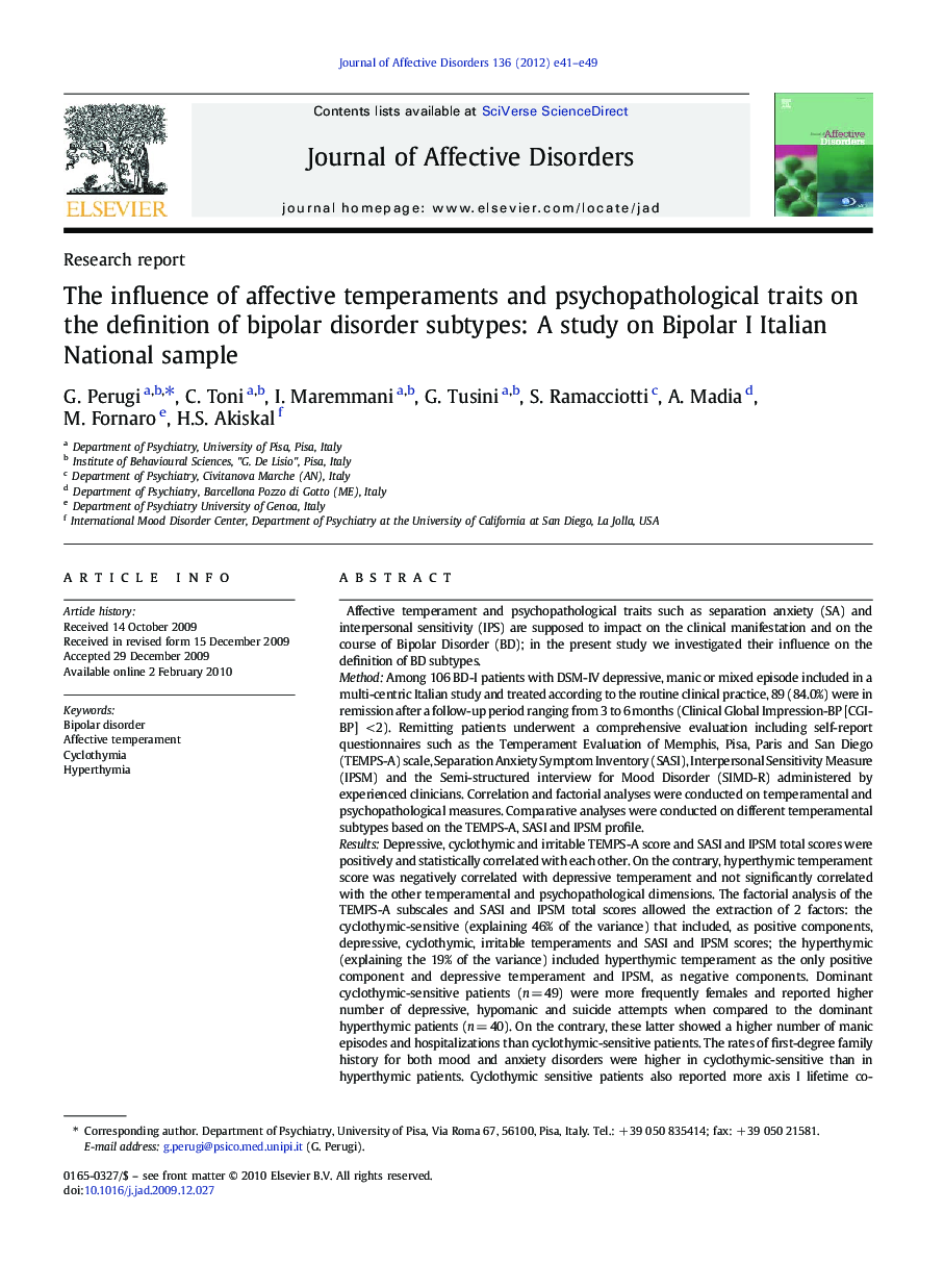 The influence of affective temperaments and psychopathological traits on the definition of bipolar disorder subtypes: A study on Bipolar I Italian National sample