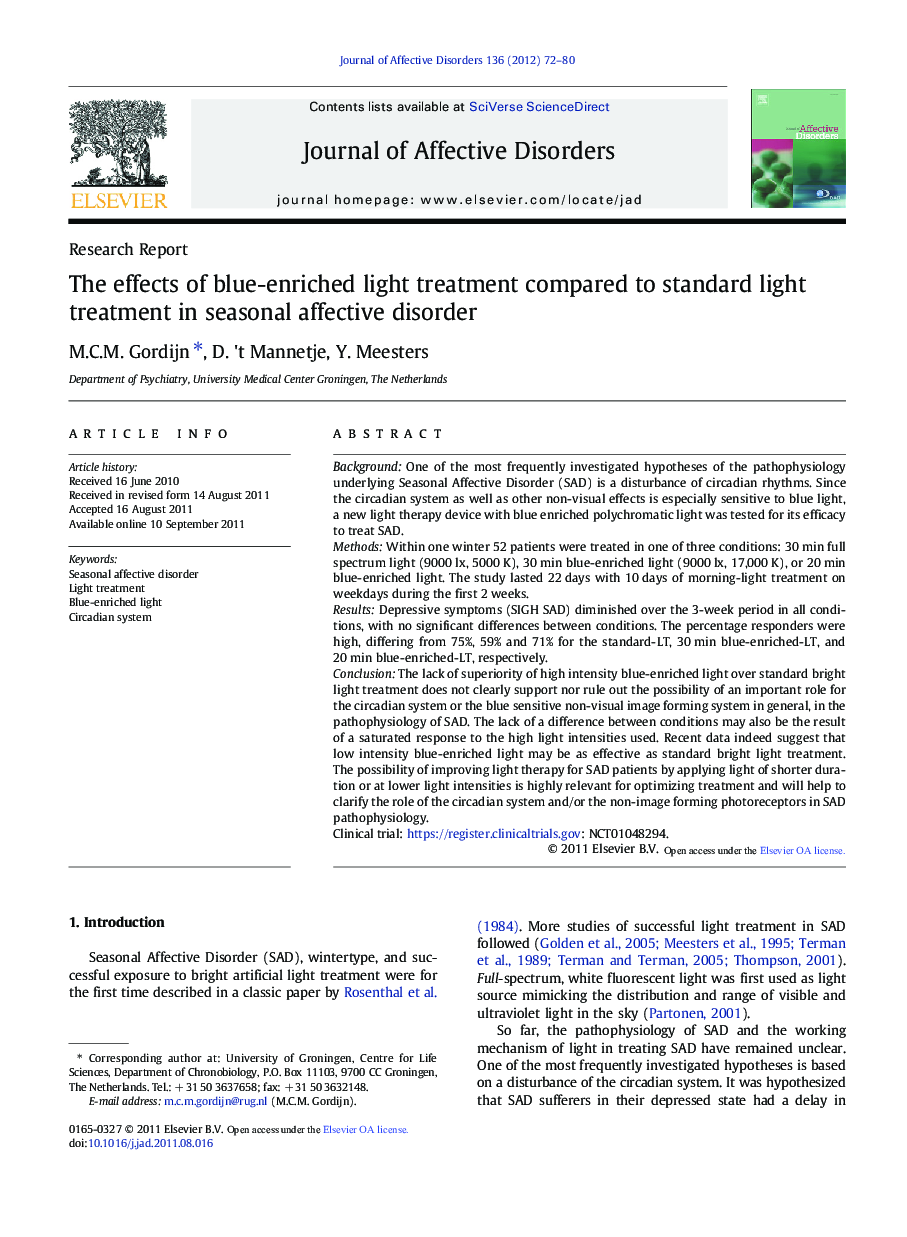 The effects of blue-enriched light treatment compared to standard light treatment in seasonal affective disorder