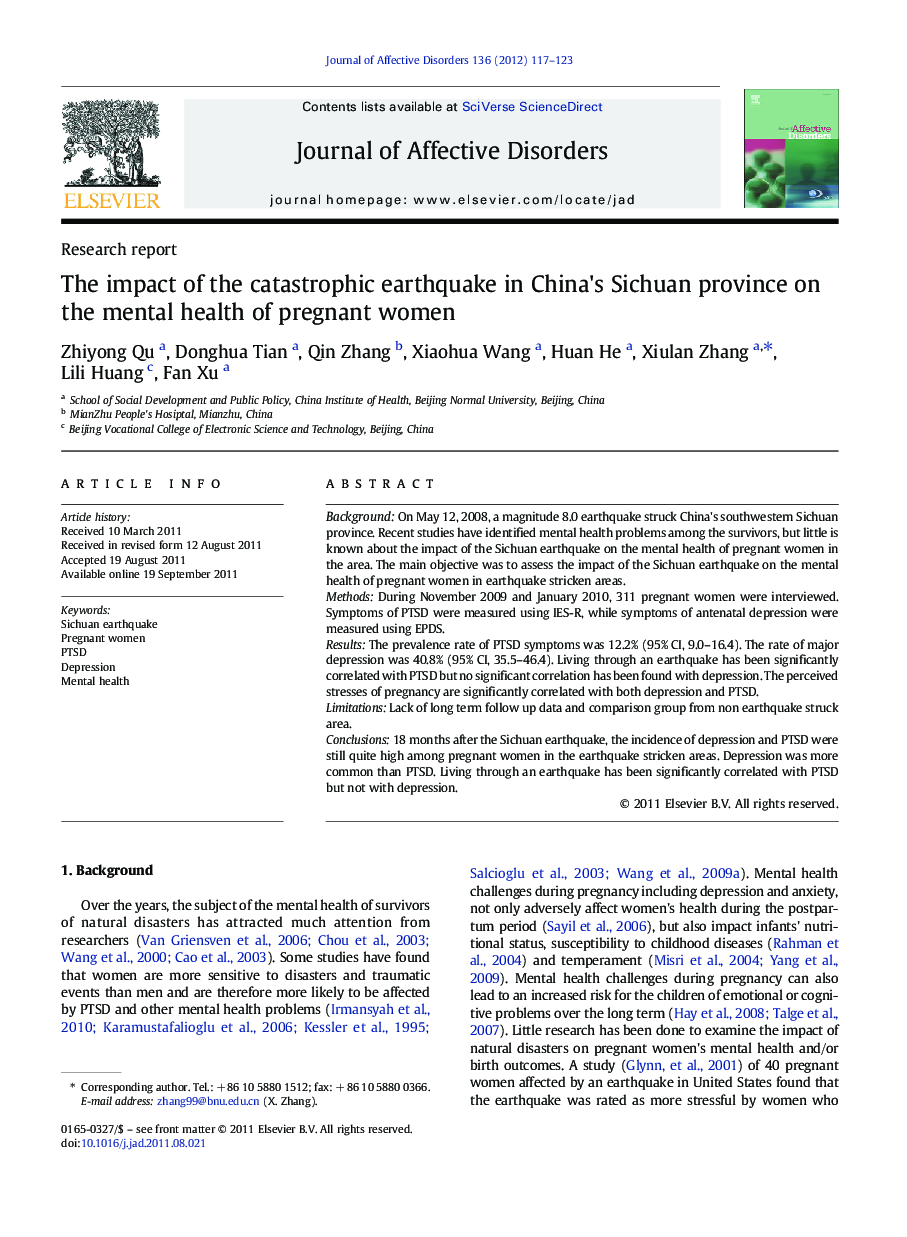 The impact of the catastrophic earthquake in China's Sichuan province on the mental health of pregnant women