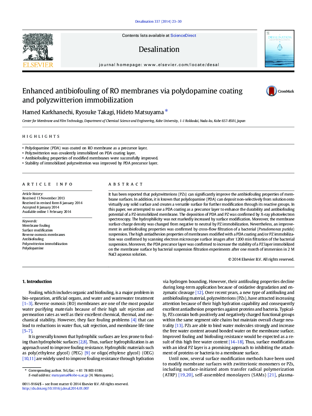 Enhanced antibiofouling of RO membranes via polydopamine coating and polyzwitterion immobilization