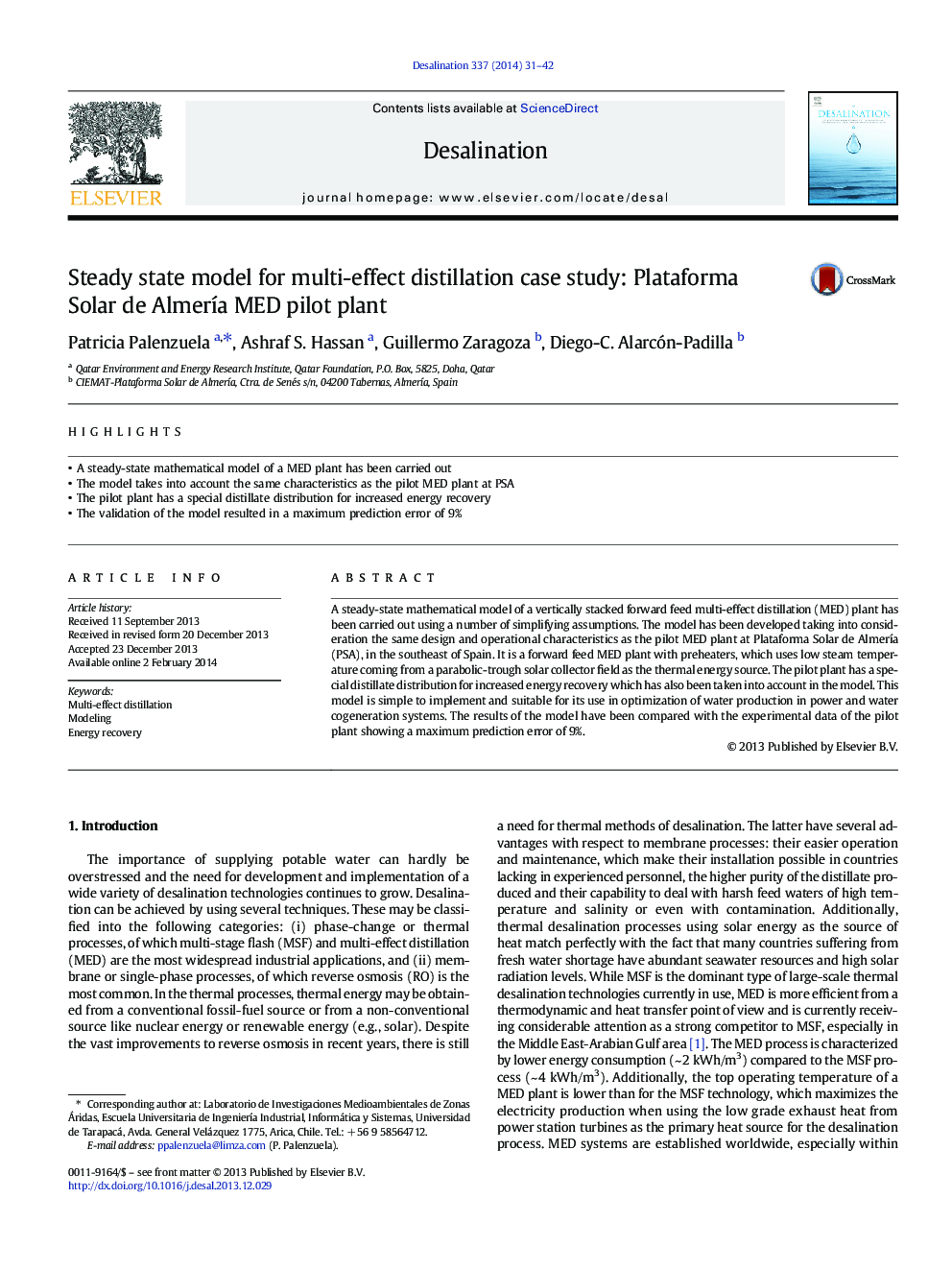 Steady state model for multi-effect distillation case study: Plataforma Solar de Almería MED pilot plant