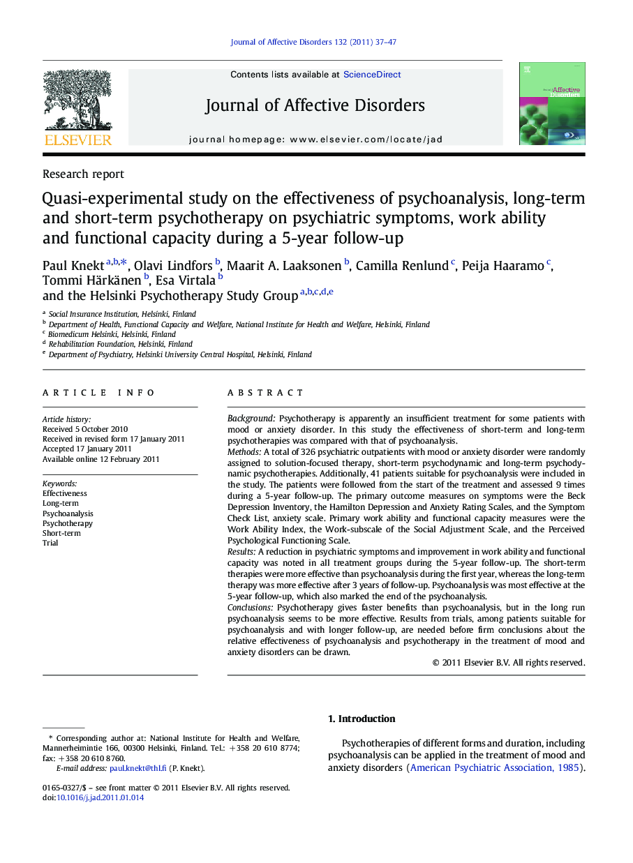 Quasi-experimental study on the effectiveness of psychoanalysis, long-term and short-term psychotherapy on psychiatric symptoms, work ability and functional capacity during a 5-year follow-up