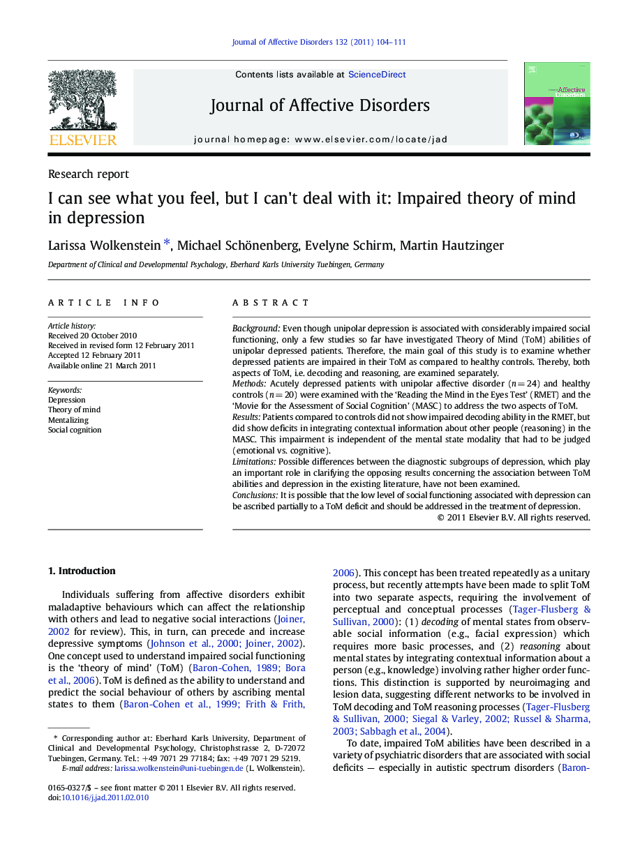 I can see what you feel, but I can't deal with it: Impaired theory of mind in depression