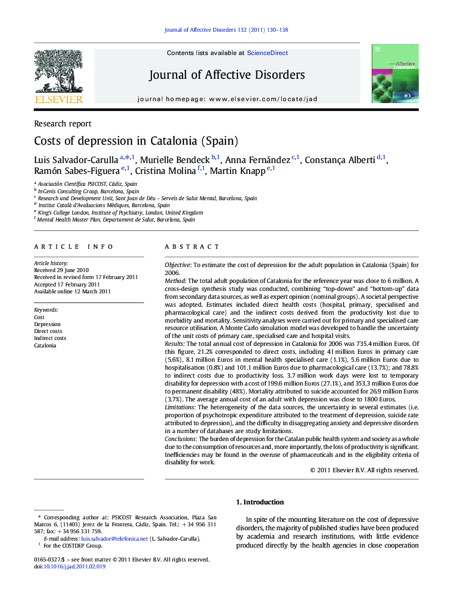 Costs of depression in Catalonia (Spain)