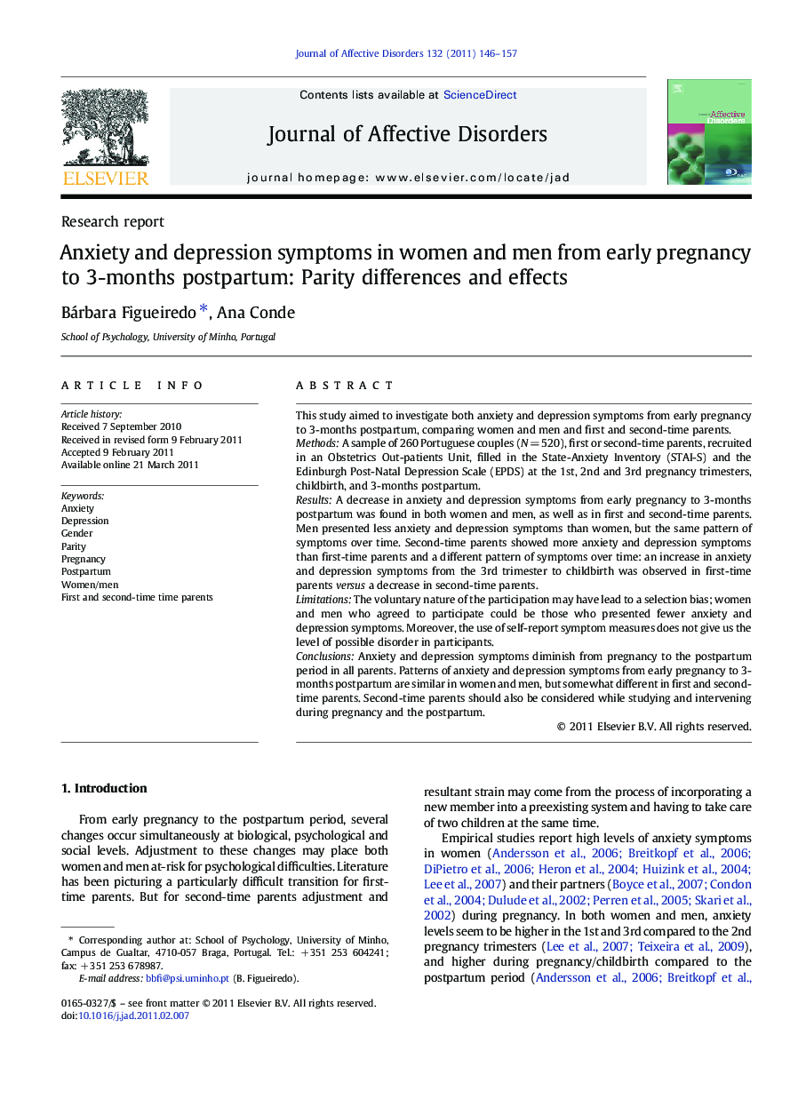 Anxiety and depression symptoms in women and men from early pregnancy to 3-months postpartum: Parity differences and effects