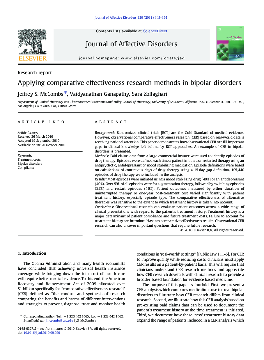 Applying comparative effectiveness research methods in bipolar disorders