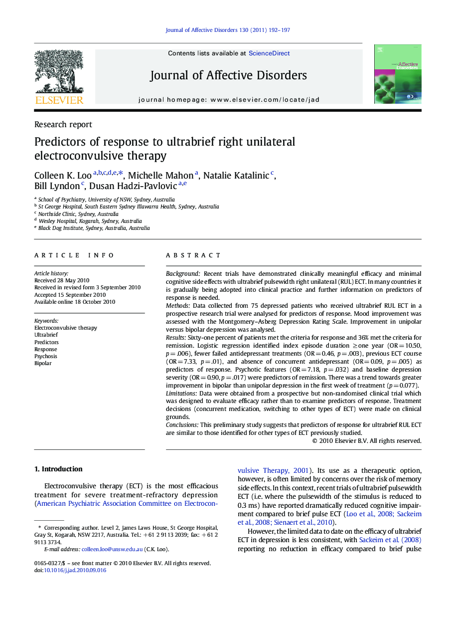 Predictors of response to ultrabrief right unilateral electroconvulsive therapy