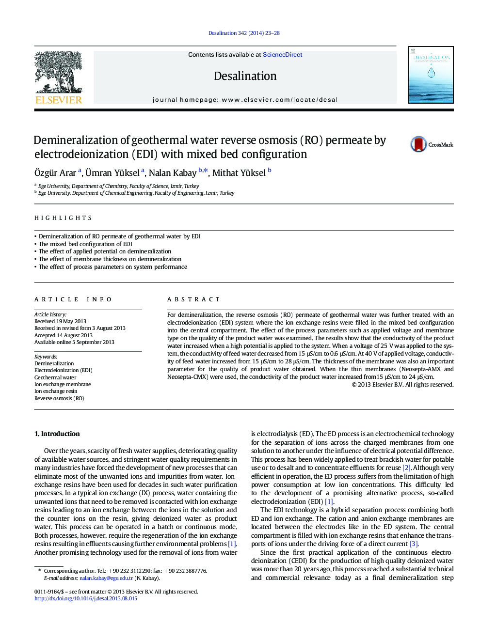 Demineralization of geothermal water reverse osmosis (RO) permeate by electrodeionization (EDI) with mixed bed configuration