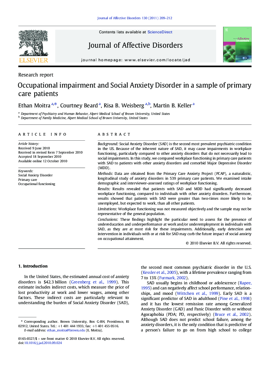 Occupational impairment and Social Anxiety Disorder in a sample of primary care patients