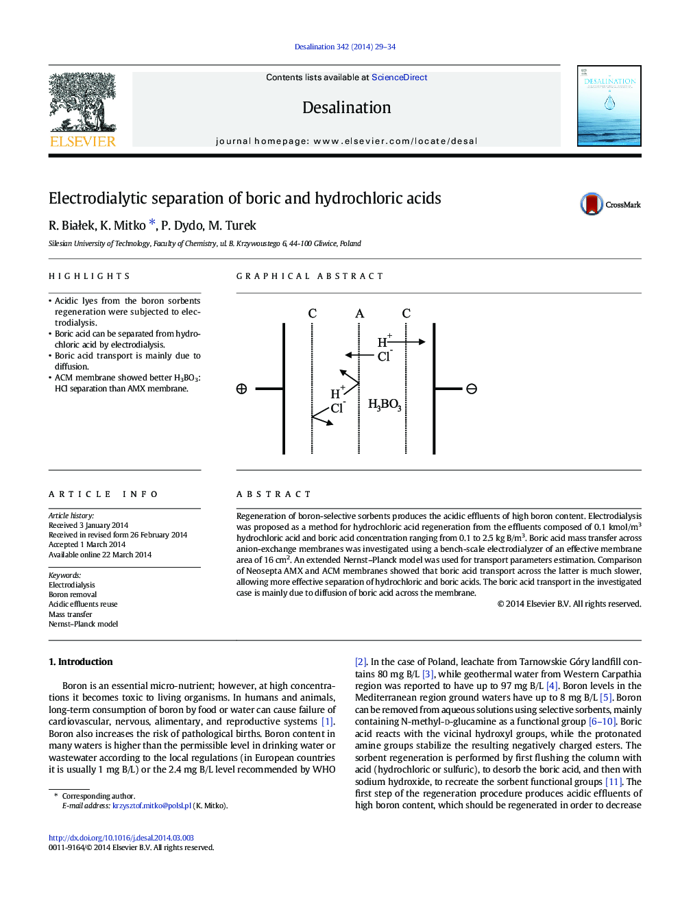 Electrodialytic separation of boric and hydrochloric acids