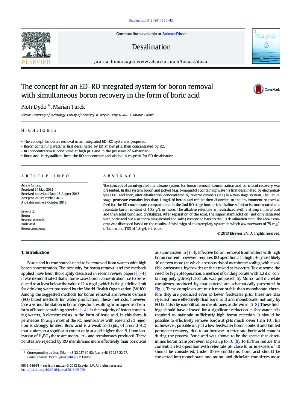 عکس صفحه اول مقاله: The concept for an ED-RO integrated system for boron removal with simultaneous boron recovery in the form of boric acid The concept for an ED-RO integrated system for boron removal with simultaneous boron recovery in the form of boric acid