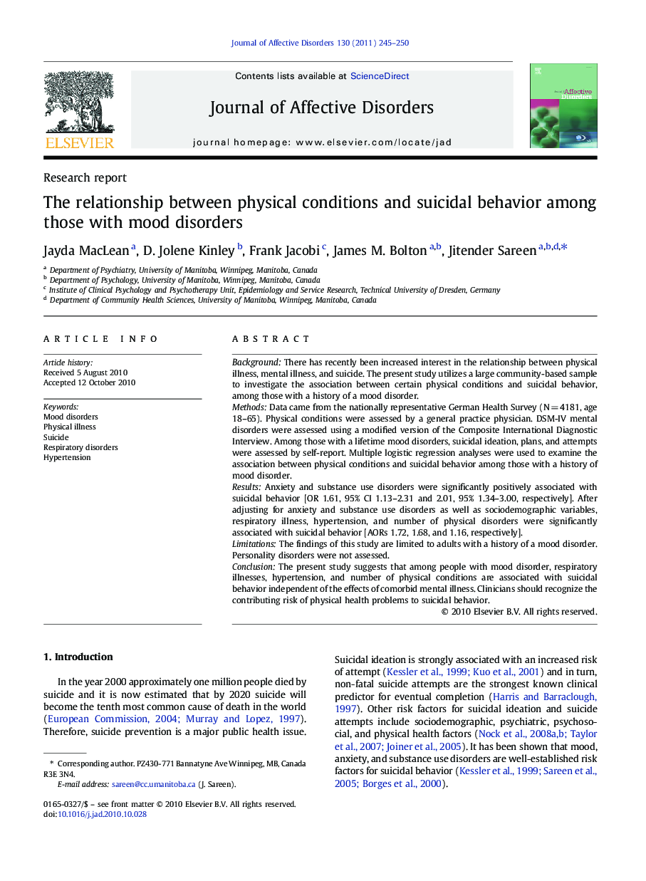 The relationship between physical conditions and suicidal behavior among those with mood disorders