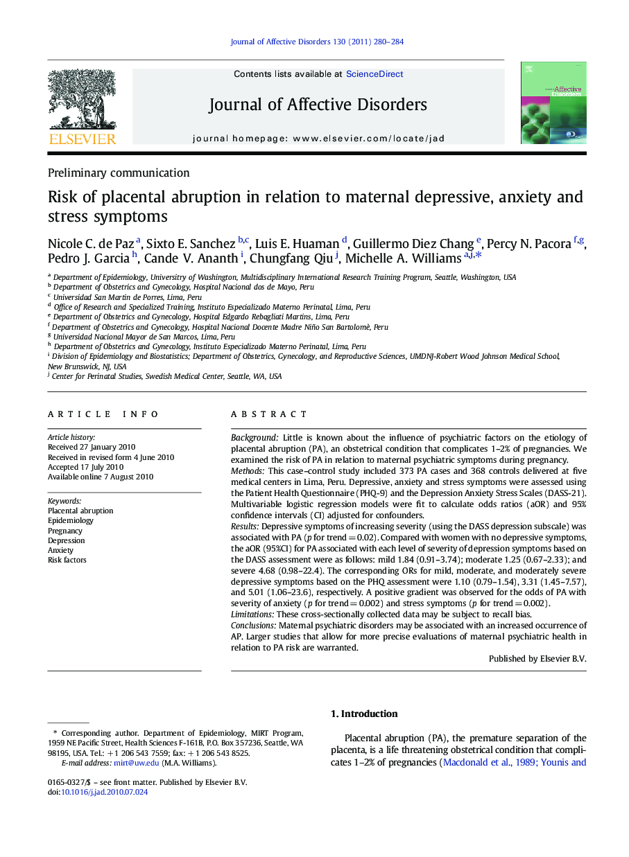 Risk of placental abruption in relation to maternal depressive, anxiety and stress symptoms