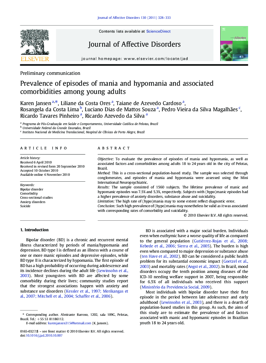 Prevalence of episodes of mania and hypomania and associated comorbidities among young adults