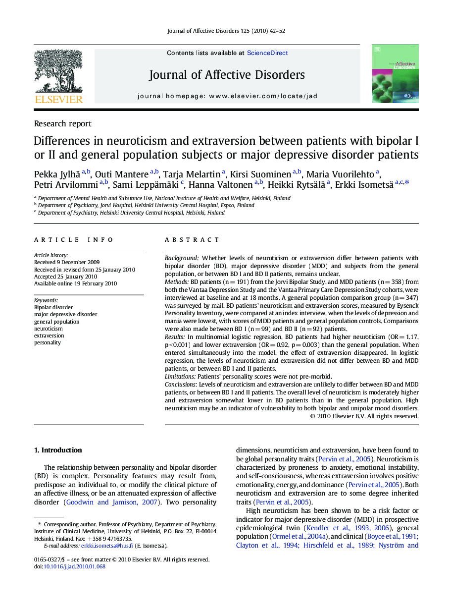 Differences in neuroticism and extraversion between patients with bipolar I or II and general population subjects or major depressive disorder patients