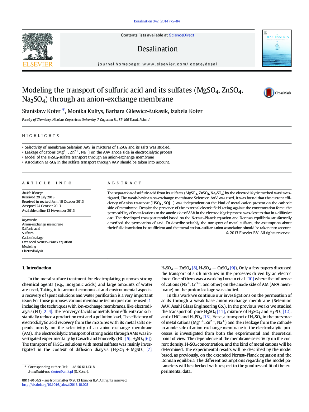 Modeling the transport of sulfuric acid and its sulfates (MgSO4, ZnSO4, Na2SO4) through an anion-exchange membrane