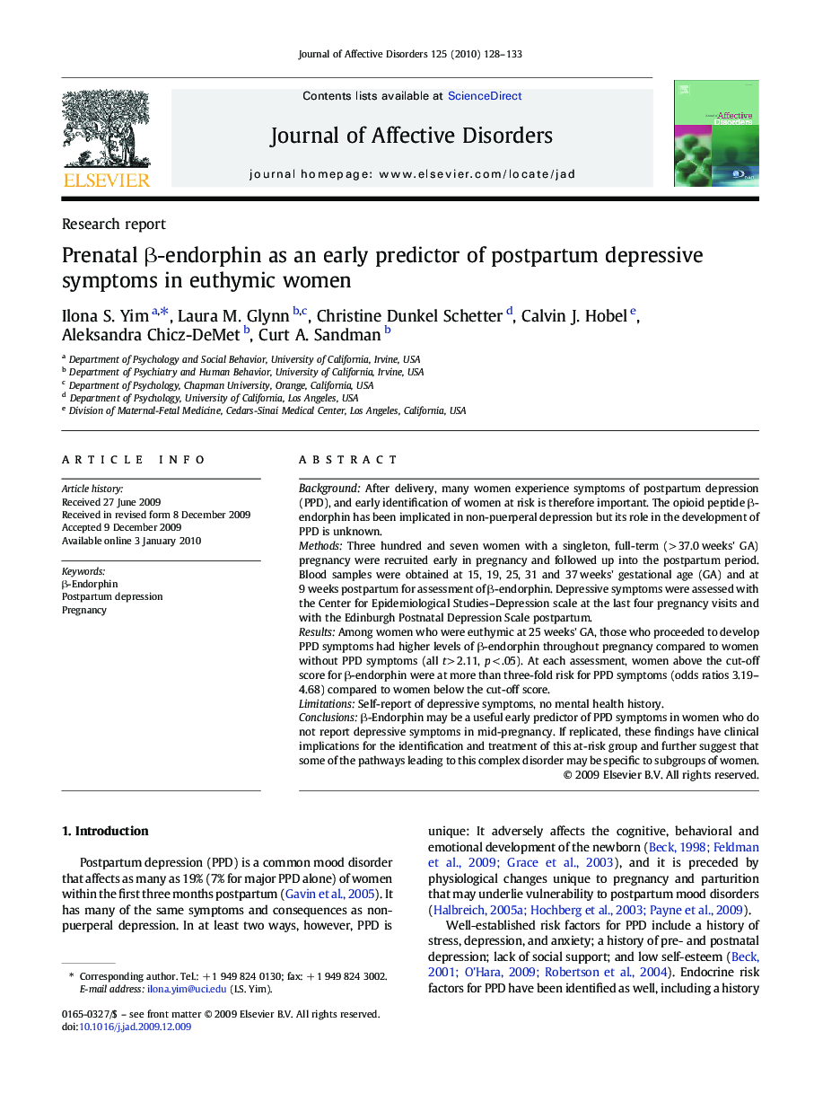 Prenatal Î²-endorphin as an early predictor of postpartum depressive symptoms in euthymic women