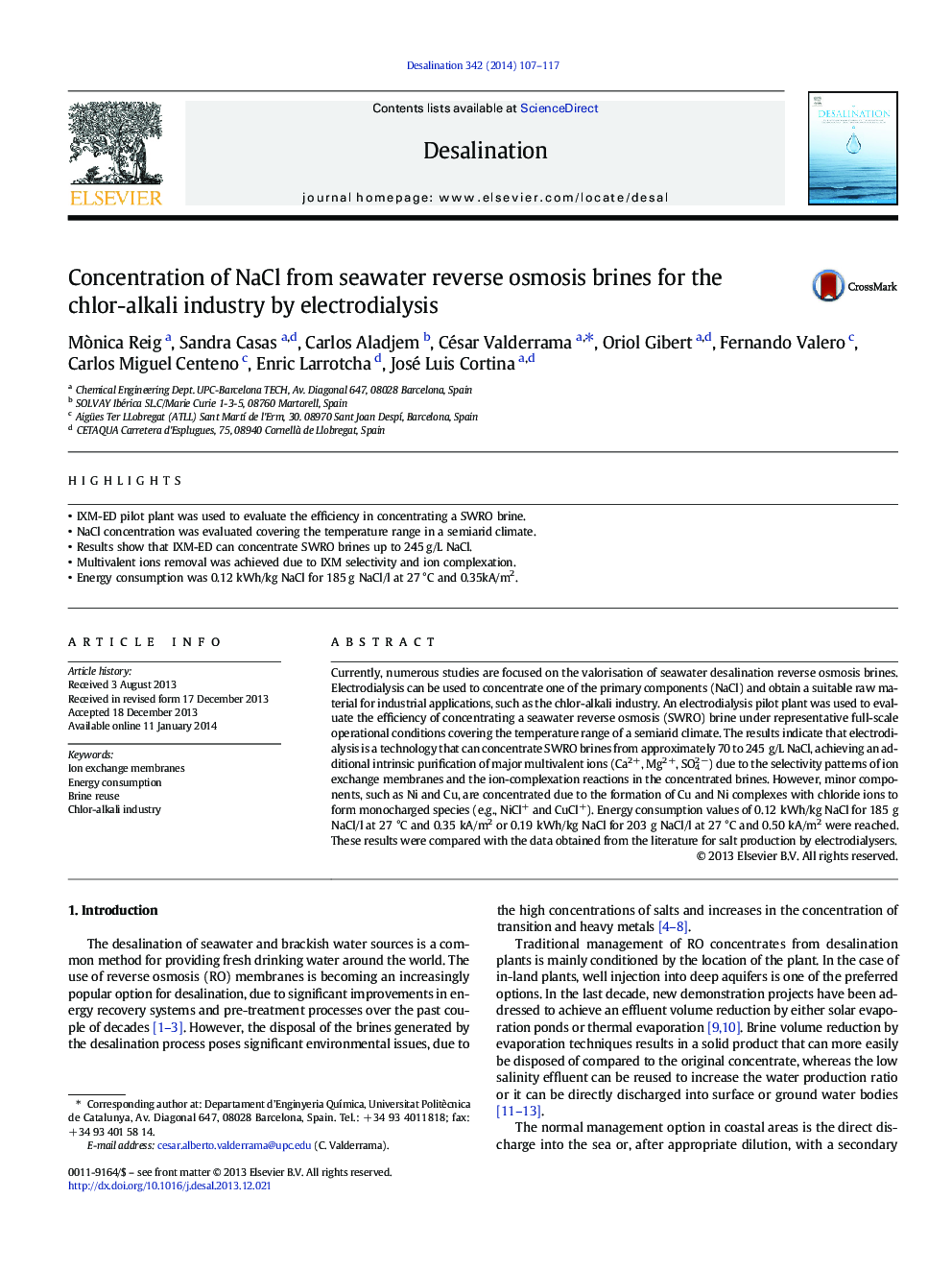 Concentration of NaCl from seawater reverse osmosis brines for the chlor-alkali industry by electrodialysis