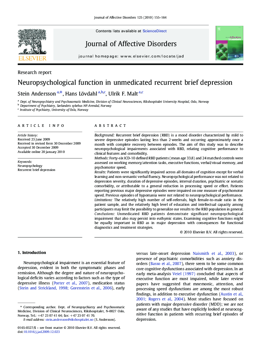 Neuropsychological function in unmedicated recurrent brief depression