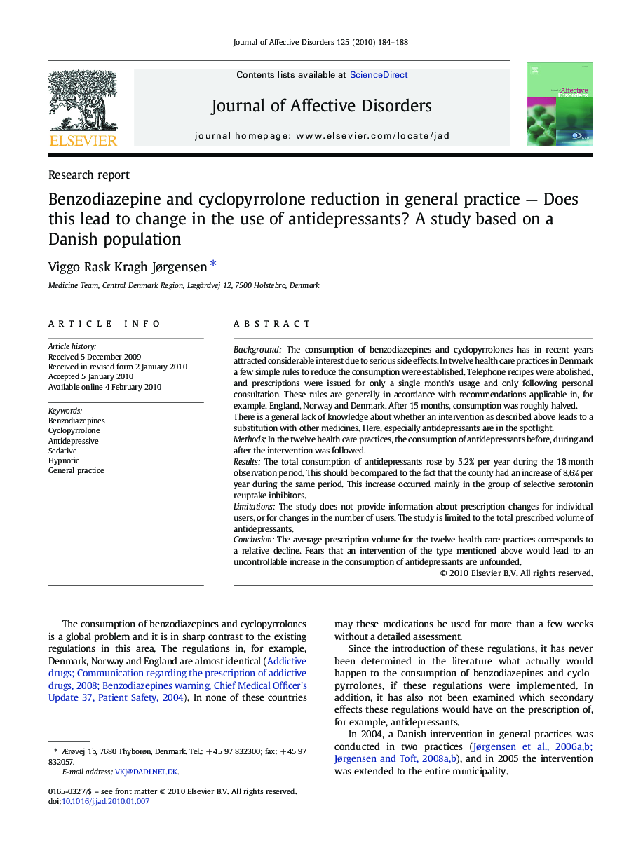 Benzodiazepine and cyclopyrrolone reduction in general practice - Does this lead to change in the use of antidepressants? A study based on a Danish population