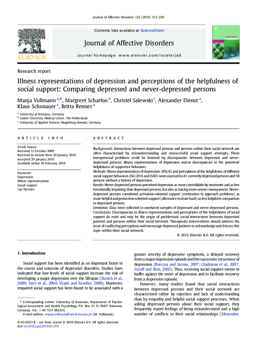 Illness representations of depression and perceptions of the helpfulness of social support: Comparing depressed and never-depressed persons