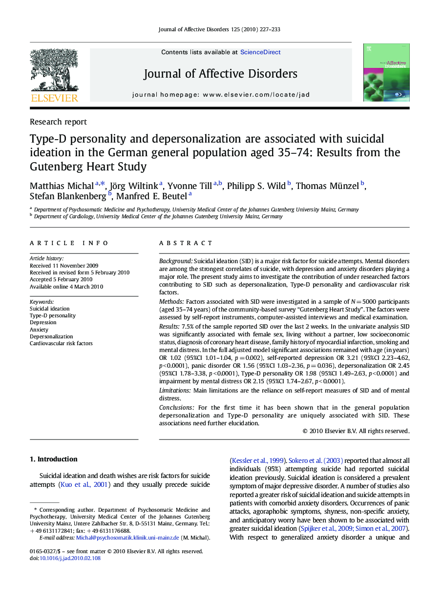 Type-D personality and depersonalization are associated with suicidal ideation in the German general population aged 35-74: Results from the Gutenberg Heart Study