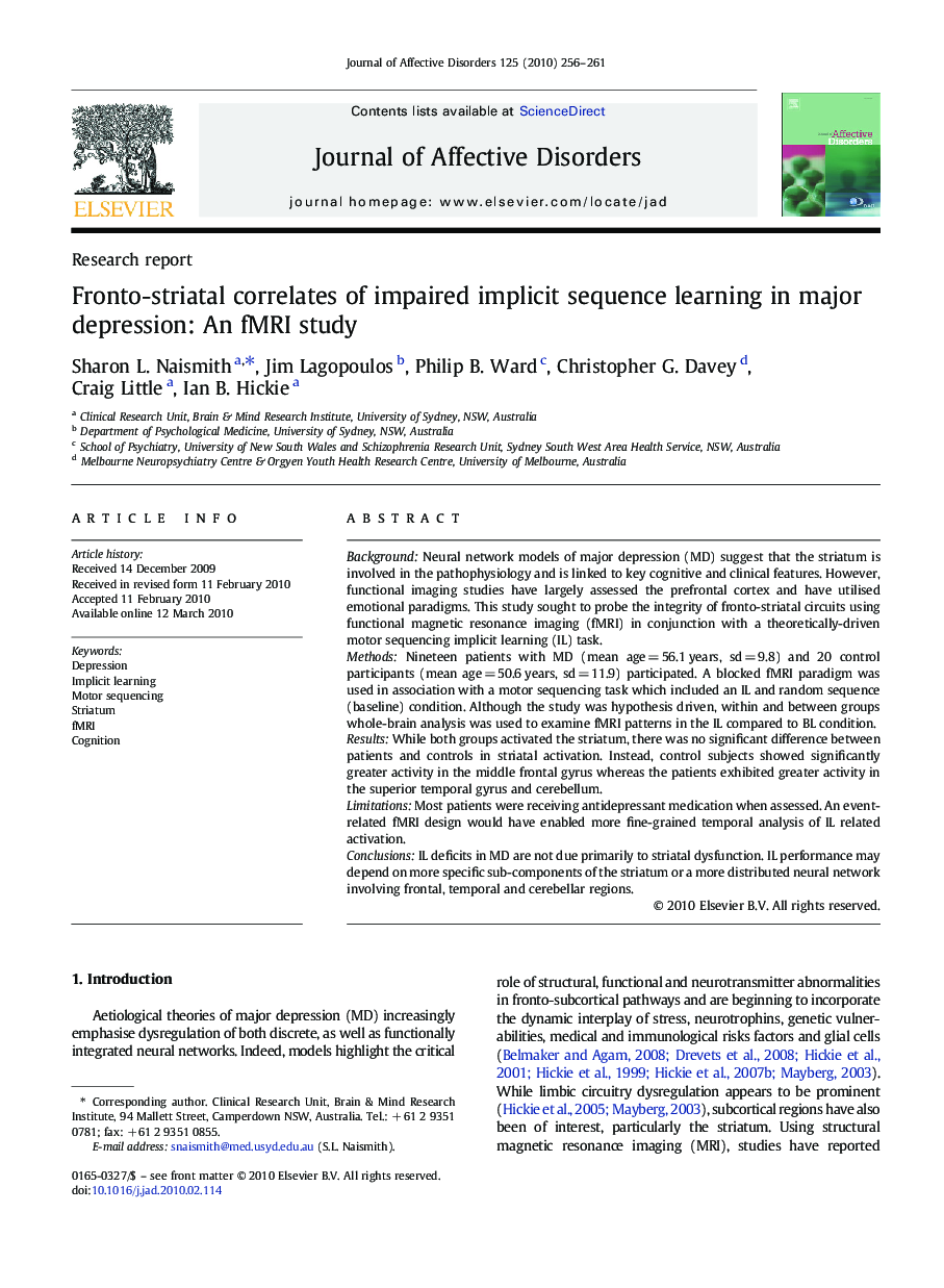 Fronto-striatal correlates of impaired implicit sequence learning in major depression: An fMRI study