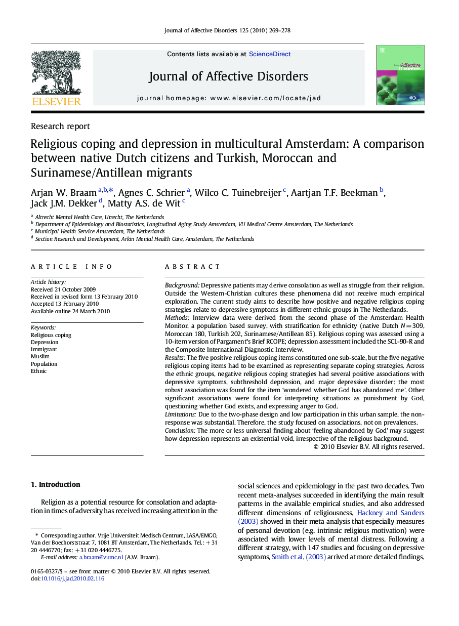 Religious coping and depression in multicultural Amsterdam: A comparison between native Dutch citizens and Turkish, Moroccan and Surinamese/Antillean migrants