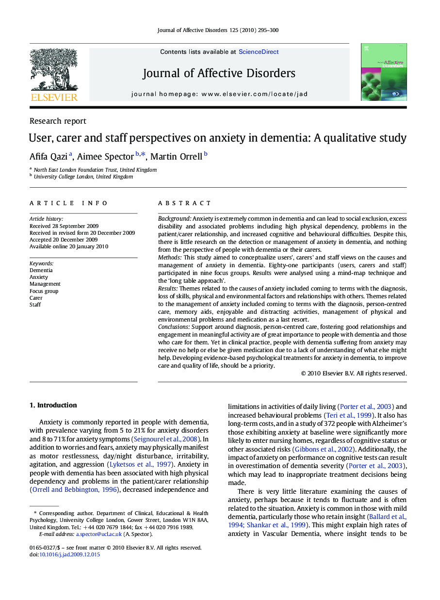 User, carer and staff perspectives on anxiety in dementia: A qualitative study