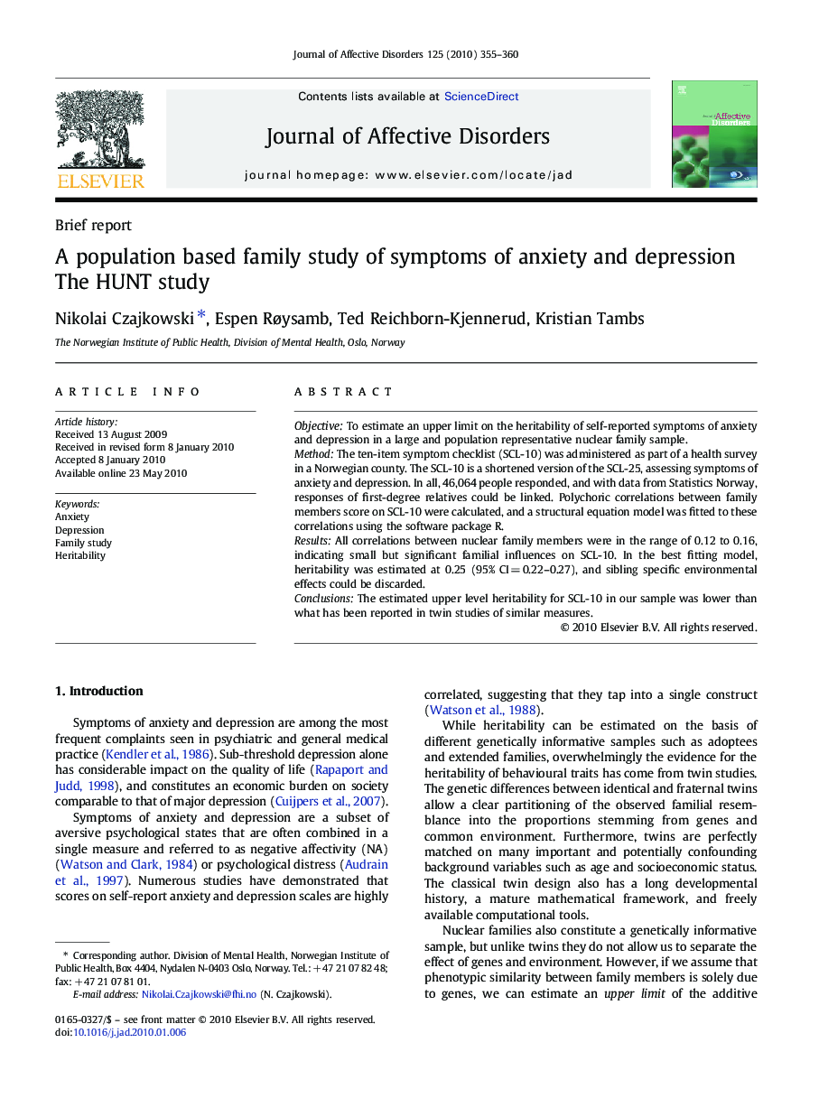 A population based family study of symptoms of anxiety and depression: The HUNT study
