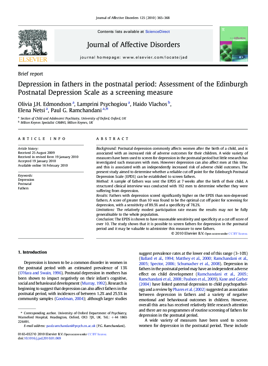 Depression in fathers in the postnatal period: Assessment of the Edinburgh Postnatal Depression Scale as a screening measure