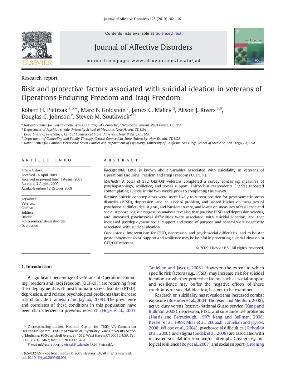 Risk and protective factors associated with suicidal ideation in veterans of Operations Enduring Freedom and Iraqi Freedom