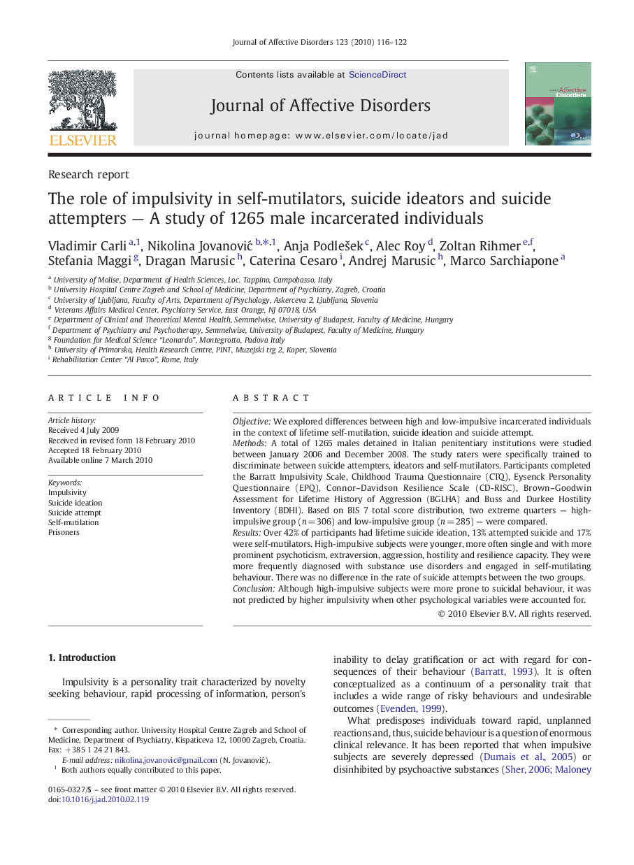 The role of impulsivity in self-mutilators, suicide ideators and suicide attempters - A study of 1265 male incarcerated individuals