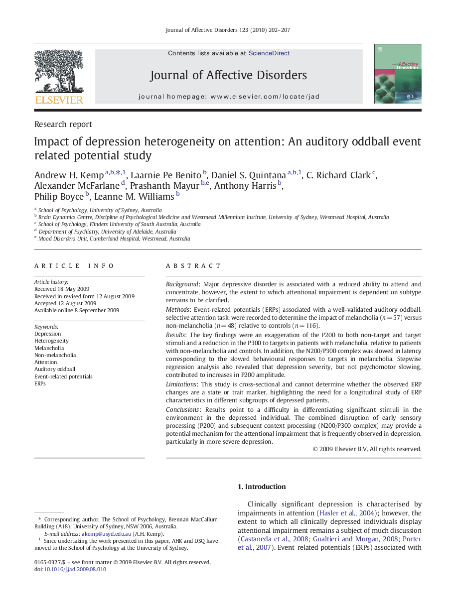 Impact of depression heterogeneity on attention: An auditory oddball event related potential study