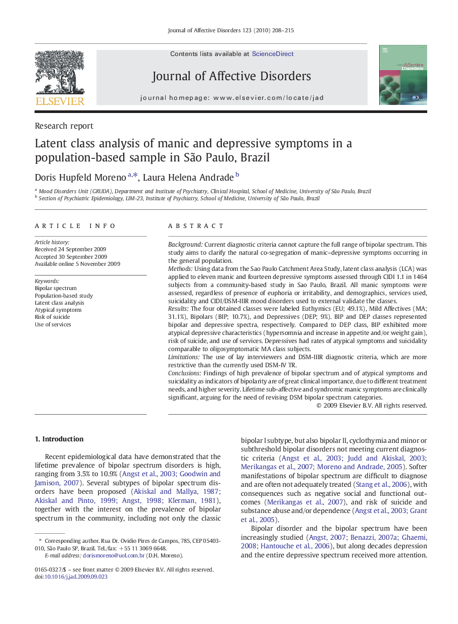 Latent class analysis of manic and depressive symptoms in a population-based sample in SÃ£o Paulo, Brazil