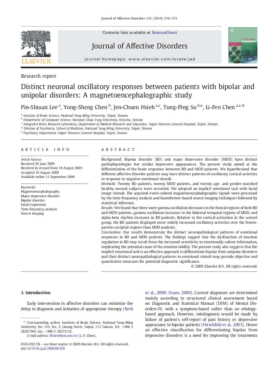 Distinct neuronal oscillatory responses between patients with bipolar and unipolar disorders: A magnetoencephalographic study