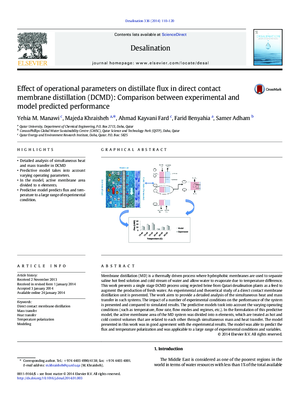 Effect of operational parameters on distillate flux in direct contact membrane distillation (DCMD): Comparison between experimental and model predicted performance