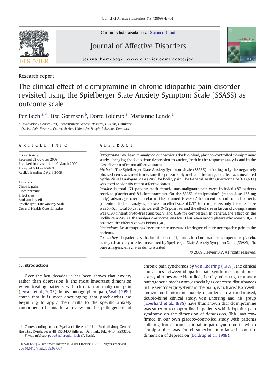 The clinical effect of clomipramine in chronic idiopathic pain disorder revisited using the Spielberger State Anxiety Symptom Scale (SSASS) as outcome scale