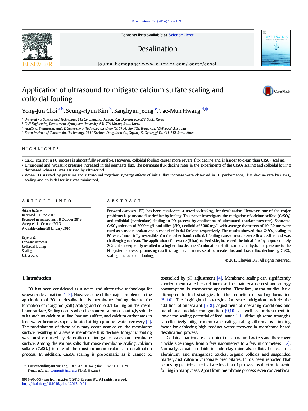 Application of ultrasound to mitigate calcium sulfate scaling and colloidal fouling