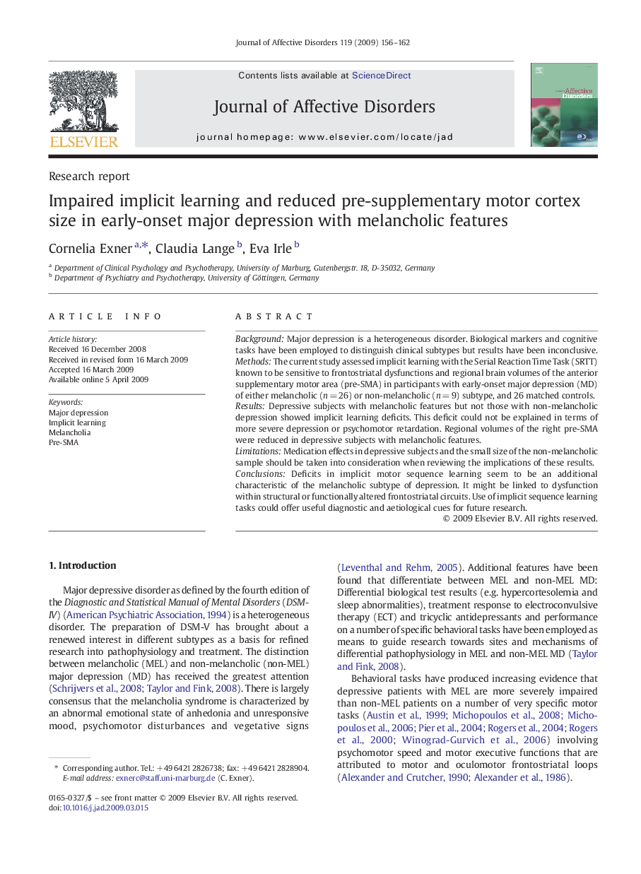 Impaired implicit learning and reduced pre-supplementary motor cortex size in early-onset major depression with melancholic features