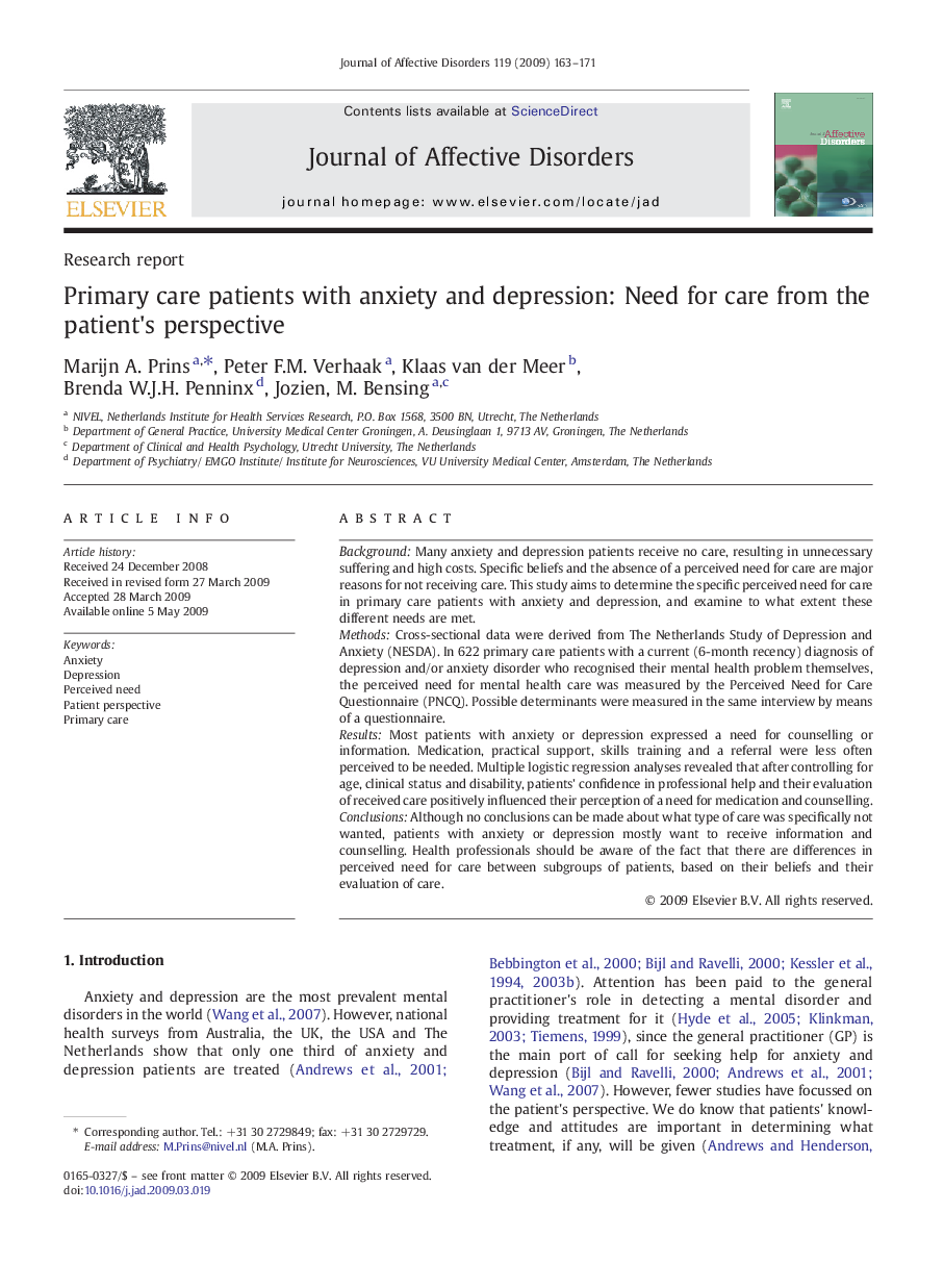 Research reportPrimary care patients with anxiety and depression: Need for care from the patient's perspective