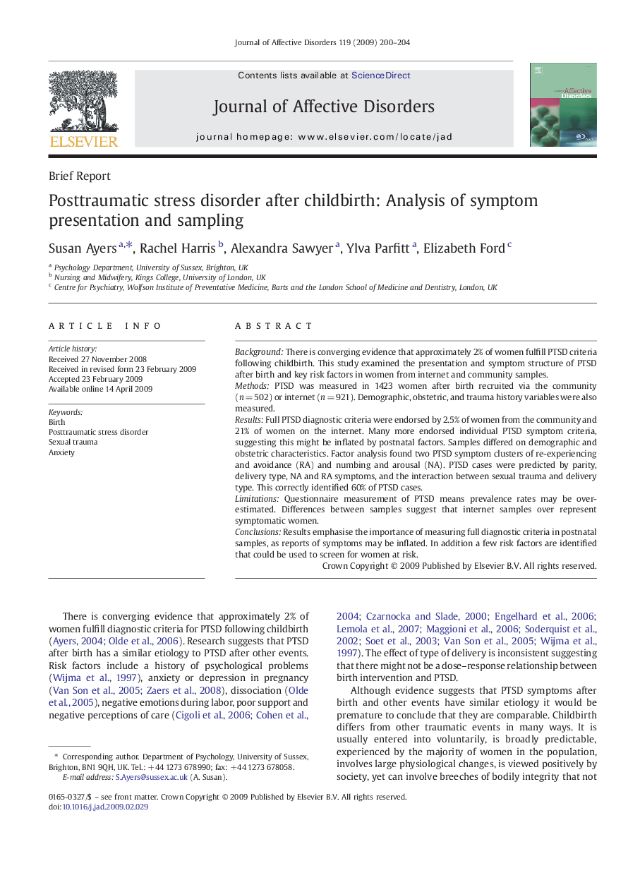 Brief ReportPosttraumatic stress disorder after childbirth: Analysis of symptom presentation and sampling